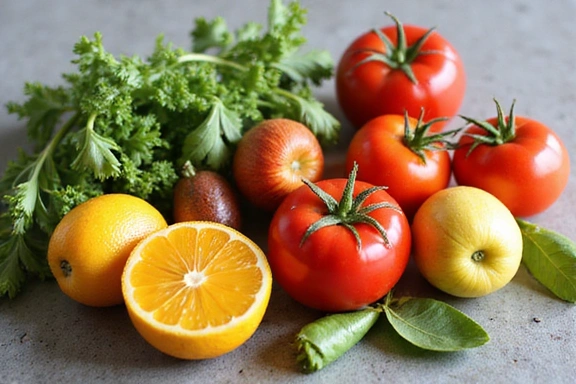 Un'immagine di frutta e verdura fresca, con un titolo 'I Benefici della Dieta Mediterranea'.